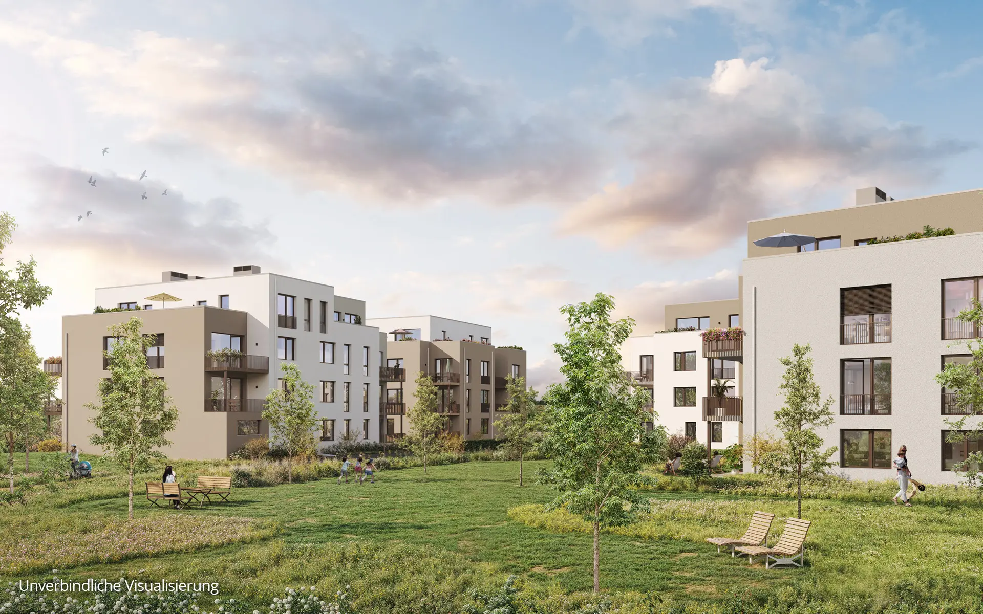 Floragärten Naunhof parkähnliche Freifläche zwischen mehreren Wohnhäusern