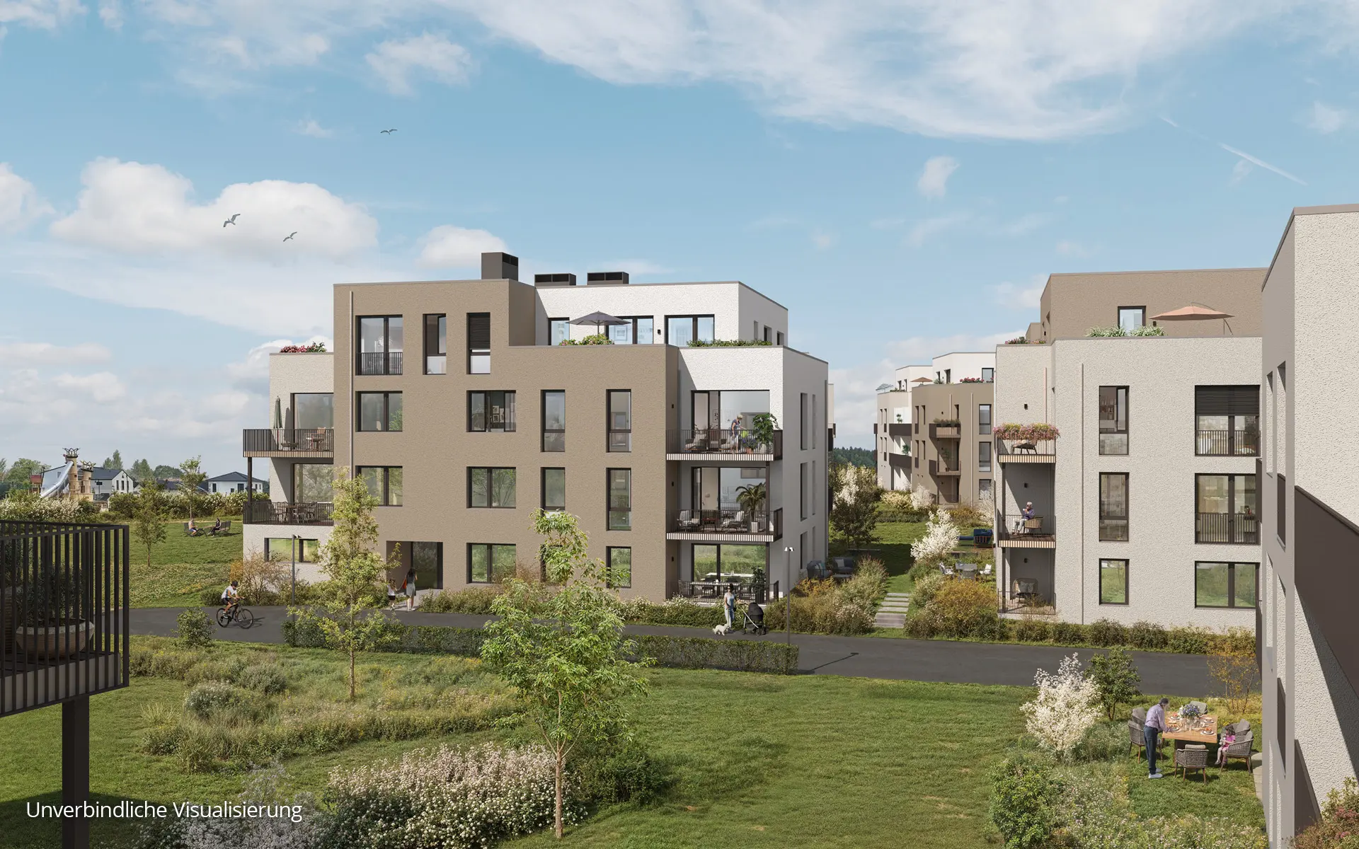 Floragärten Naunhof Wohnhäuser mit Balkonen, Terrassen und begrünten Wegen