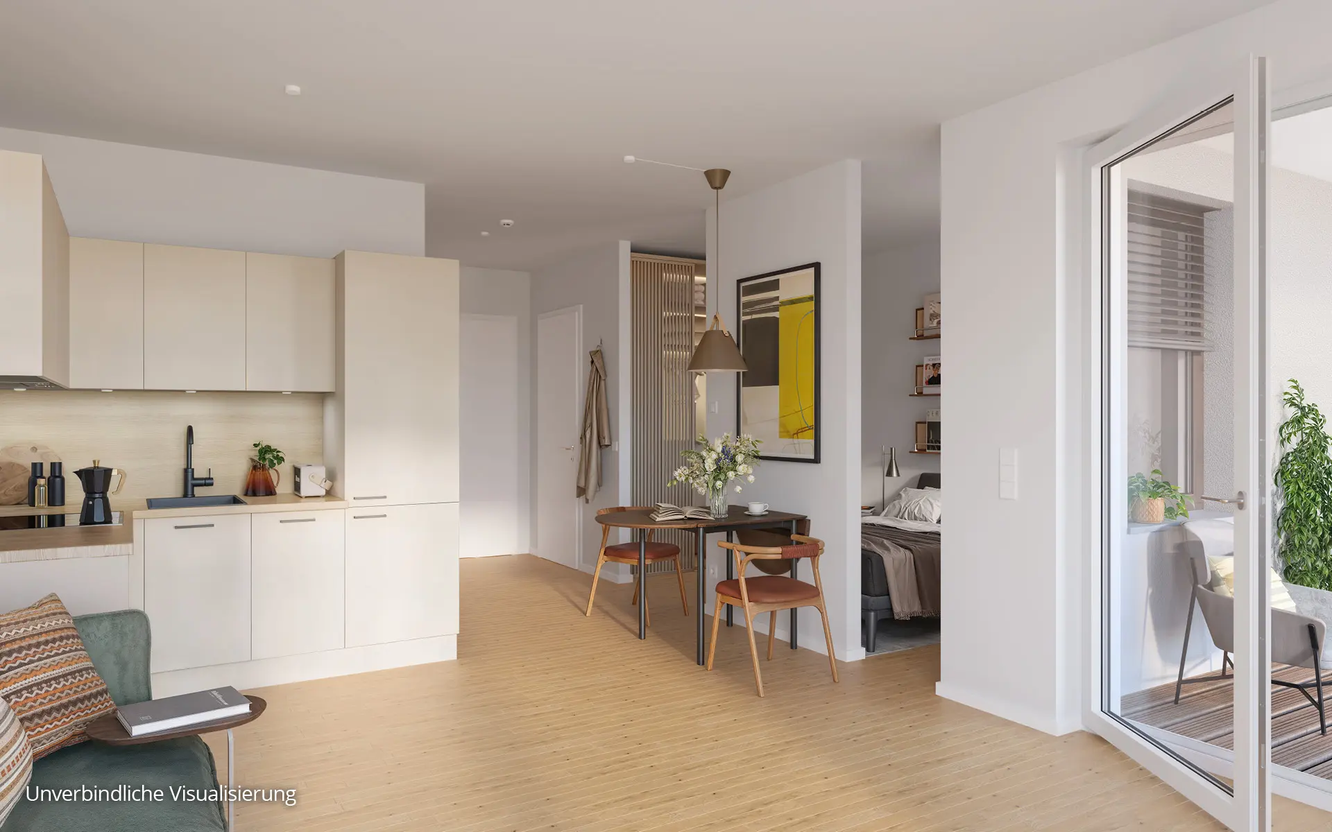 Floragärten Naunhof Innenvisualisierung einer kompakten Wohnung mit Küche, Essbereich und Balkon