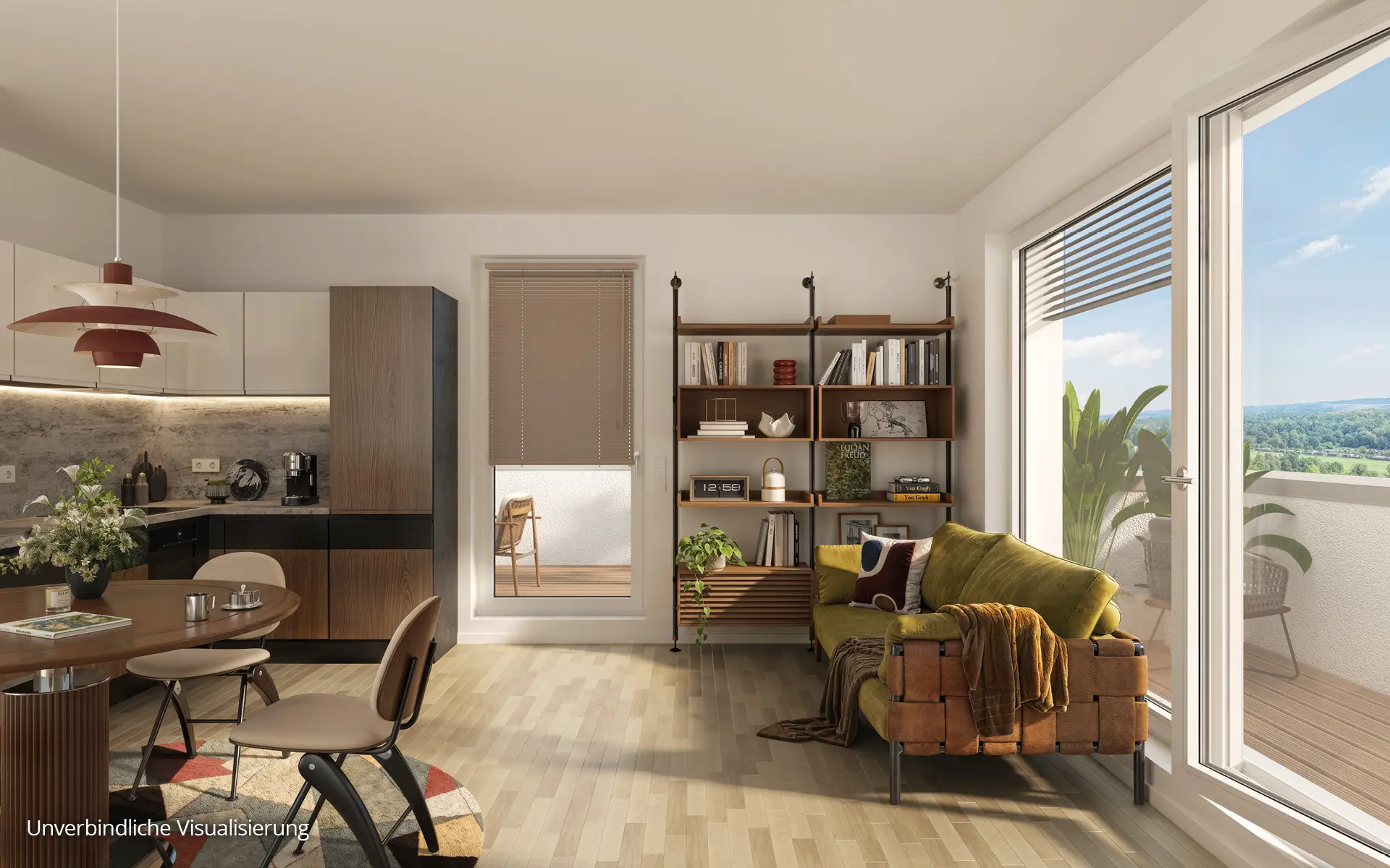 Heller Wohnbereich einer 2 Zimmer Neubauwohnung in den Floragärten Naunhof