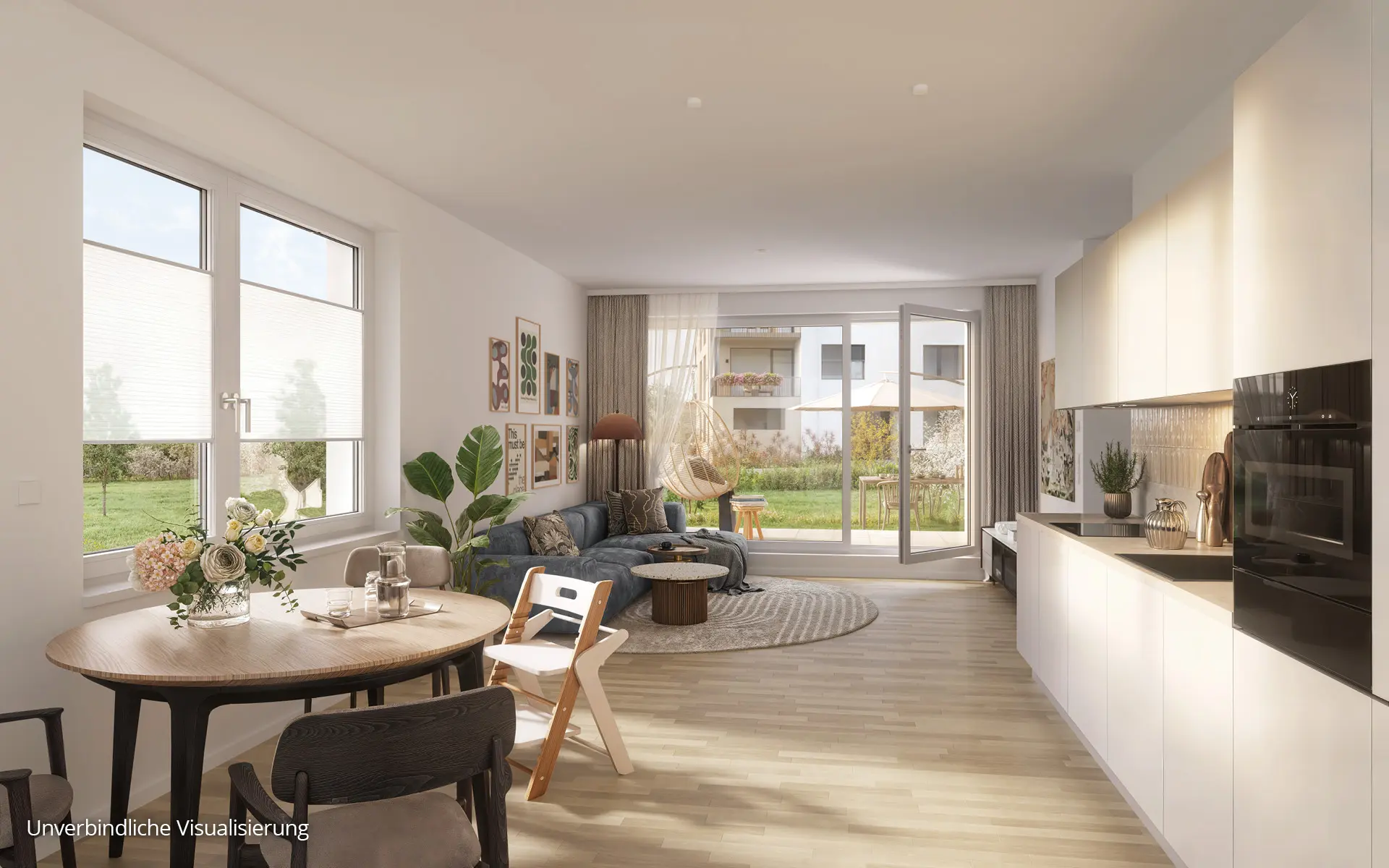 Großzügiger Wohn und Essbereich einer 3 Zimmer Wohnung in den Floragärten Naunhof