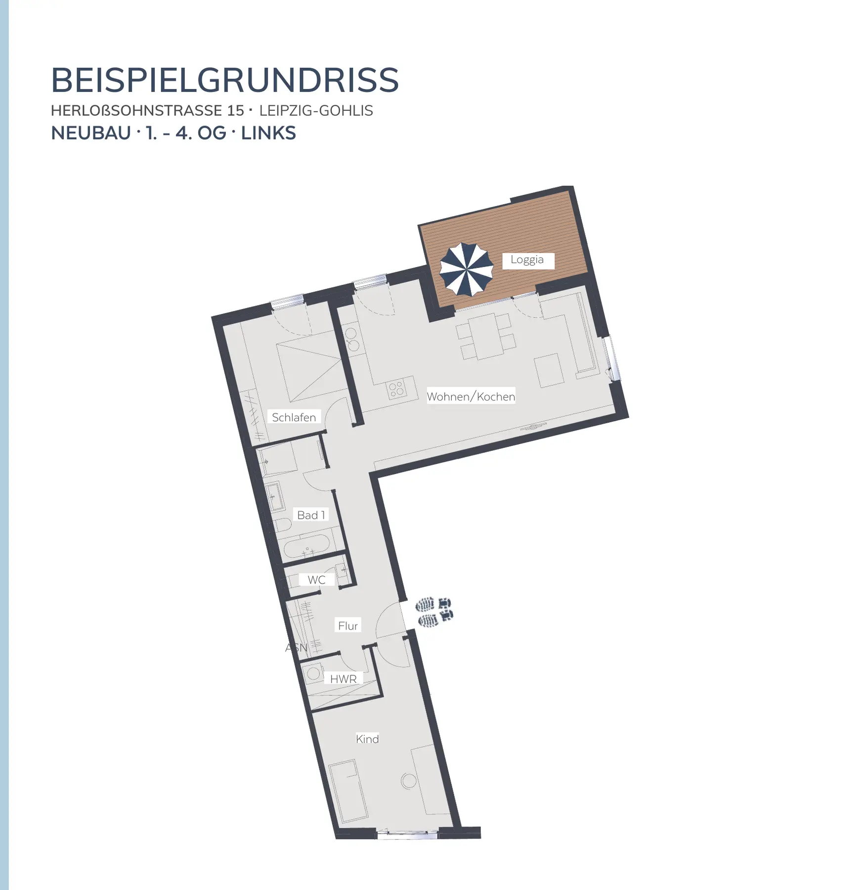 Beispielgrundriss der Drei-Zimmer-Wohnungen links im Neubau Gohlis Süd