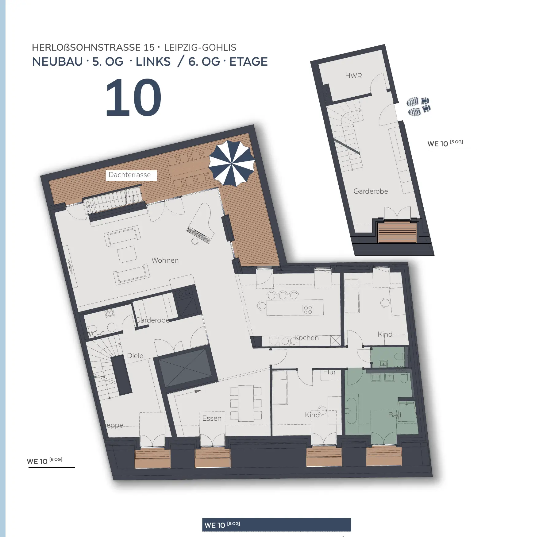 Beispielgrundriss der Wohnebene des Penthouses WE 10 im Neubau Gohlis Süd